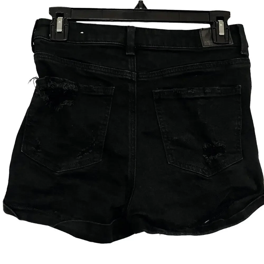 AMERICAN EAGLE MOM SHORTS Solid Black Zip Fly High Rise Roll Cuff Jeans Denim 4